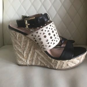Black and Cream Wedge Sandal with Ankle Strap
